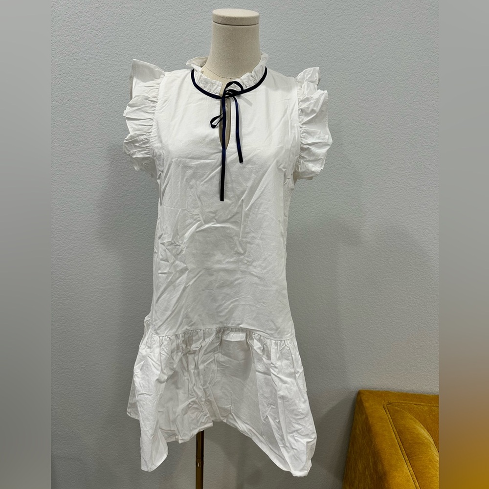 White Ruffled Ruffle Neck Shift Dress